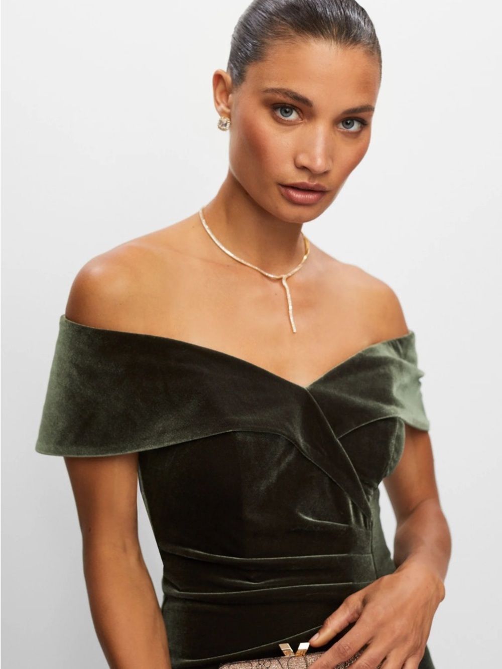 Velvet Sweetheart Off-Shoulder Strapless Gown in Olive Green size 10 - Picture 3 of 7